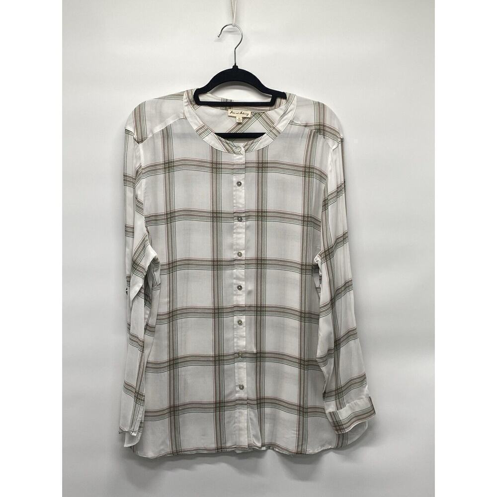 Jane + Delancey Women’s Button Front Top White Plaid Green Classic Neutral Sz 2x